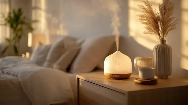 Generative AI. Cozy bedroom scene featuring a modern diffuser emitting steam, surrounded by soft bedding, decorative vases, and warm sunlight creating a serene atmosphere for relaxation