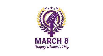 International Women's Day Graphic with Female Symbol, Fist, Laurel Wreath
