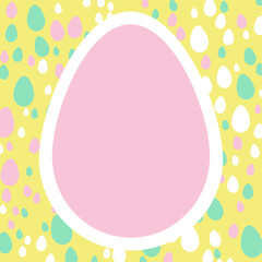 Easter greeting card template with a large pink egg-shaped copy space over a yellow background filled with colorful small eggs.