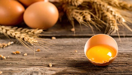 Fresh eggs and wheat on a rustic wooden surface.
