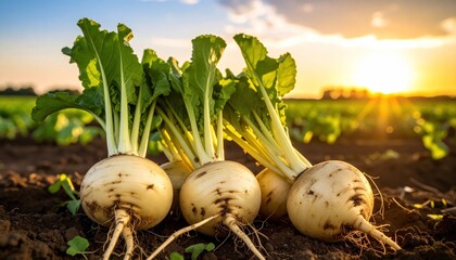 Fresh Turnips in Field at Sunset - A Harvest Scene.