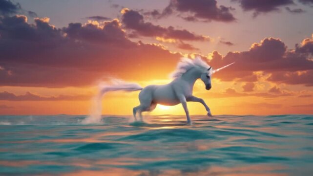 A white unicorn running through the water with a beautiful sunset and cloudy sky in the background. Perfect for fantasy, mythology, and children's book illustrations.