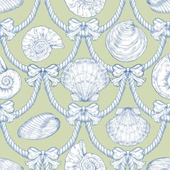 Seashell Seamless Pattern, Feminine Design, Elegant Scallop Shell Ocean Repeat, Nautical Digital Pattern
