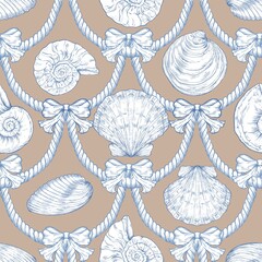 Seashell Seamless Pattern, Feminine Design, Elegant Scallop Shell Ocean Repeat, Nautical Digital Pattern