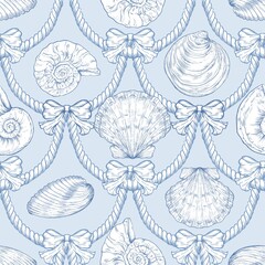 Seashell Seamless Pattern, Feminine Design, Elegant Scallop Shell Ocean Repeat, Nautical Digital Pattern