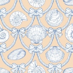 Seashell Seamless Pattern, Feminine Design, Elegant Scallop Shell Ocean Repeat, Nautical Digital Pattern