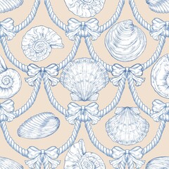 Seashell Seamless Pattern, Feminine Design, Elegant Scallop Shell Ocean Repeat, Nautical Digital Pattern
