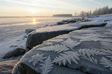 Delicate frost patterns forming intricate crystalline structures on weathered stone surfaces during a cold winter morning sunrise.