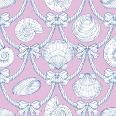 Seashell Seamless Pattern, Feminine Design, Elegant Scallop Shell Ocean Repeat, Nautical Digital Pattern