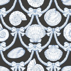 Seashell Seamless Pattern, Feminine Design, Elegant Scallop Shell Ocean Repeat, Nautical Digital Pattern