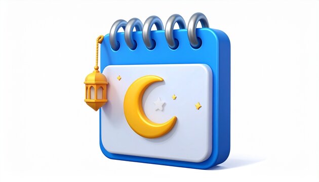 Blue Calendar Icon With Crescent Moon And Lantern On White Background - Powered by Adobe
