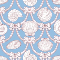 Seashell Seamless Pattern, Feminine Design, Elegant Scallop Shell Ocean Repeat, Nautical Digital Pattern