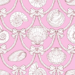 Seashell Seamless Pattern, Feminine Design, Elegant Scallop Shell Ocean Repeat, Nautical Digital Pattern