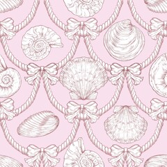 Seashell Seamless Pattern, Feminine Design, Elegant Scallop Shell Ocean Repeat, Nautical Digital Pattern