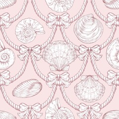 Seashell Seamless Pattern, Feminine Design, Elegant Scallop Shell Ocean Repeat, Nautical Digital Pattern