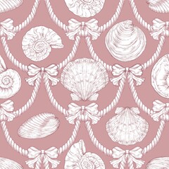 Seashell Seamless Pattern, Feminine Design, Elegant Scallop Shell Ocean Repeat, Nautical Digital Pattern