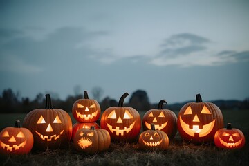 Glowing jack-o'-lanterns sit in a field at twilight during the spooky halloween season