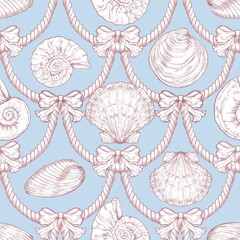 Seashell Seamless Pattern, Feminine Design, Elegant Scallop Shell Ocean Repeat, Nautical Digital Pattern
