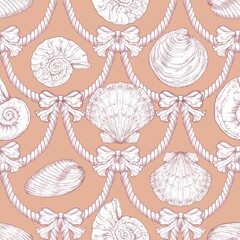 Seashell Seamless Pattern, Feminine Design, Elegant Scallop Shell Ocean Repeat, Nautical Digital Pattern