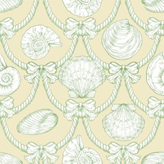 Seashell Seamless Pattern, Feminine Design, Elegant Scallop Shell Ocean Repeat, Nautical Digital Pattern