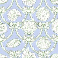 Seashell Seamless Pattern, Feminine Design, Elegant Scallop Shell Ocean Repeat, Nautical Digital Pattern