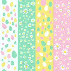 Colorful vertical banners featuring alternating patterns of daisies and Easter eggs in pastel pink, yellow, green, and white.