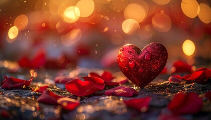 Close Up of a Heart Shaped Object Covered in Water Droplets Surrounded by Red Rose Petals with Bokeh Background Lighting