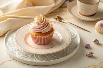 Elegant Pastel Swirl Cupcake on a Decorative Plate with Gold Utensil