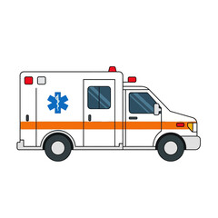 Flat cartoon ambulance emergency vehicle side view with medical symbol.