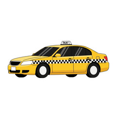 Illustration of a yellow city taxi with checkered side stripe.