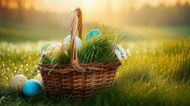 Basket with colorful Easter eggs sits on dewy grass at sunrise among daisies and fresh greenery. Soft blurred background offers ample space for text or design in the upper area for seasonal or promoti