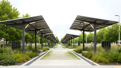 Modern solar panel walkway in eco-friendly urban park with green spaces