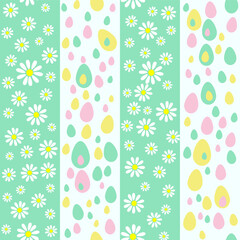 Vertical striped seamless background with alternating patterns of white daisies on green and colorful Easter eggs on white.