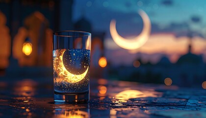 Glowing Crescent Moon Reflected In Water Glass Against Night Sky With City Silhouette