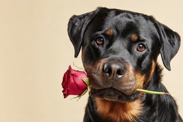Devoted canine companion gently carries a deep red rose in its mouth