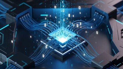 Artificial Intelligence Core - Central Microchip with Blue Fiber Optic Connections