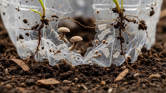 Nature Resilience Concept - Fungi and Plant Roots Breaking Down Bio-Plastic in Soil