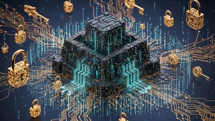 Cybersecurity Concept: 3D Digital Padlock with Floating Keys and Circuit Board Lines