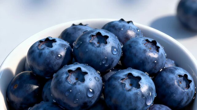 Blueberries sit in a white bowl with water droplets and soft shallow depth of field, resulting in a clean food styling look with blurred background and available space for text or branding on the righ