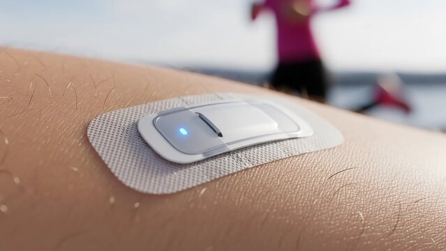 Close Up of Smart Wearable Biosensor Patch on Athlete Skin with Glowing Indicator