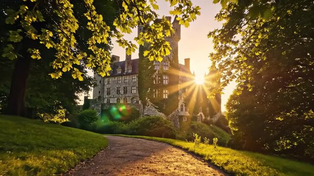 The sun sets behind the historic castle, casting a warm glow over the lush green landscape. This castle and landscape create a picturesque scene filled with natural beauty.