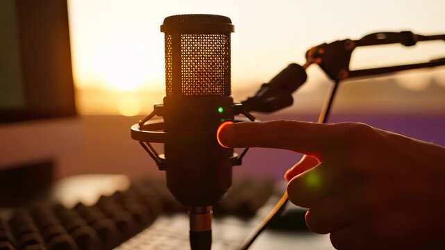 The microphone is poised as a hand gently presses the button to begin recording in the warm glow of sunset. This microphone and hand create an inviting atmosphere for creativity.