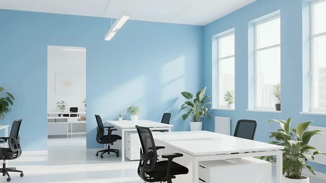 Bright office interior with white desks and black chairs, large windows letting in natural light, and green plants for improved ambiance and productivity.