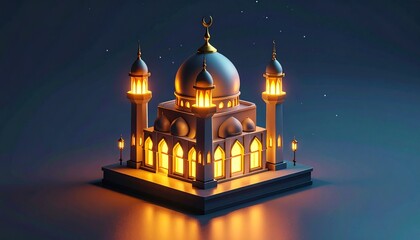 Obraz premium Isometric Mosque Illuminated At Night In Dark Blue Background With Lanterns And Tiny Stars