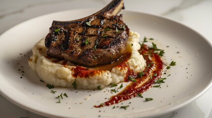 Velvety cauliflower mash topped smoked paprika paired with chargrilled veal chop plain neutral background raw DSLR photo natural daylight lifelike sharp details unedited realism