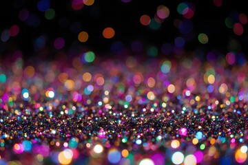 Colorful bokeh lights shimmering against a dark backdrop create a festive atmosphere