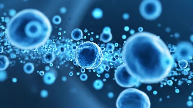 Microscopic view of glowing blue cells and particles floating in a dark blue background with a shallow depth of field.
