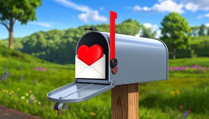 Metallic Mailbox With Open Door Holding Letter and Heart Against Green Landscape and Blue Sky