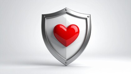 Metallic Shield With Red Heart Symbol Centered on White Backdrop Protection Concept