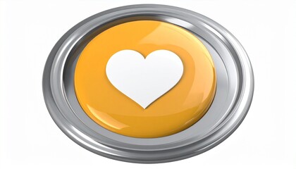 Metallic Circle Button with Orange Background and White Heart Symbol Isolated on White